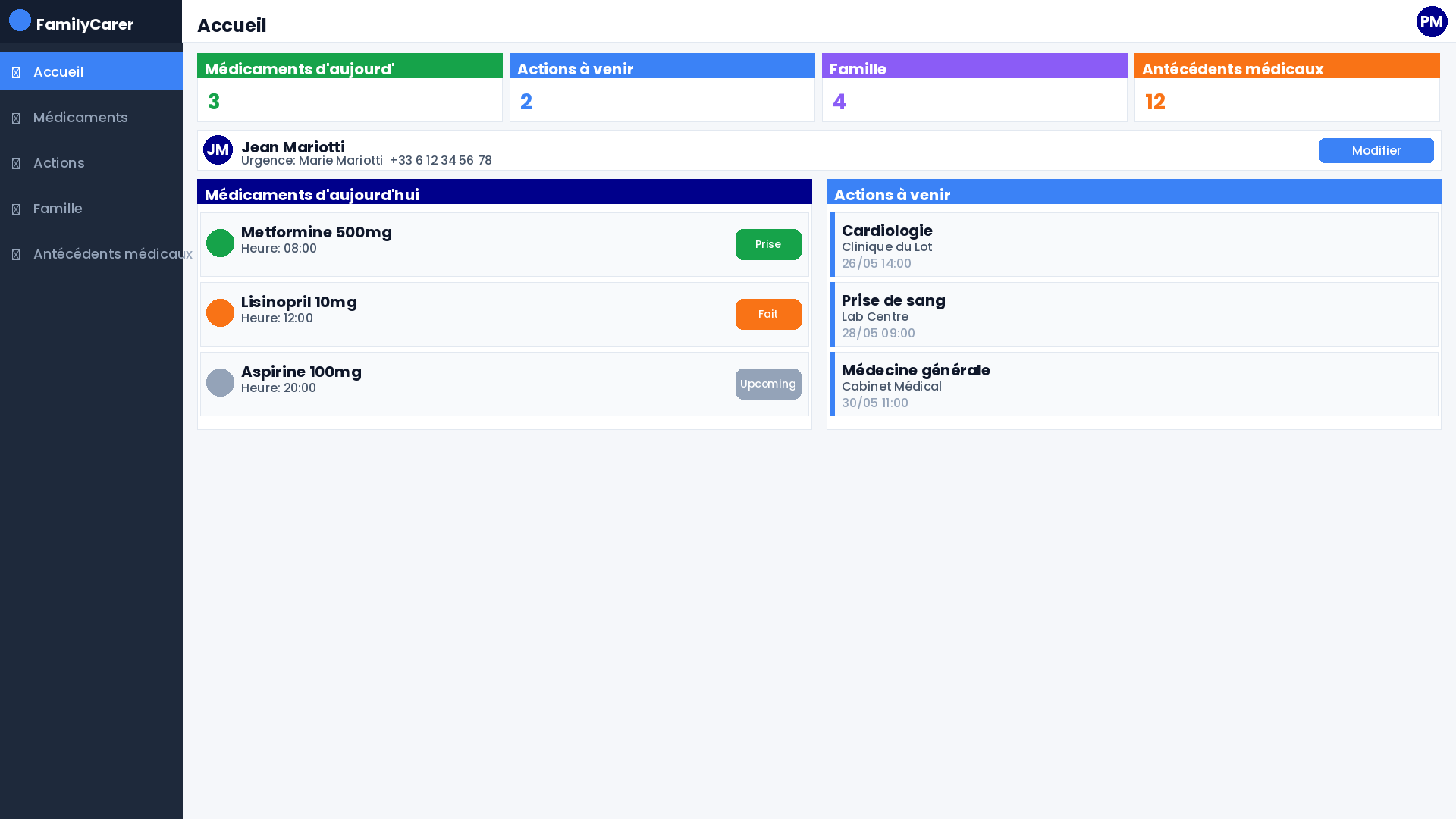 FamilyCarer sur Windows — tableau de bord